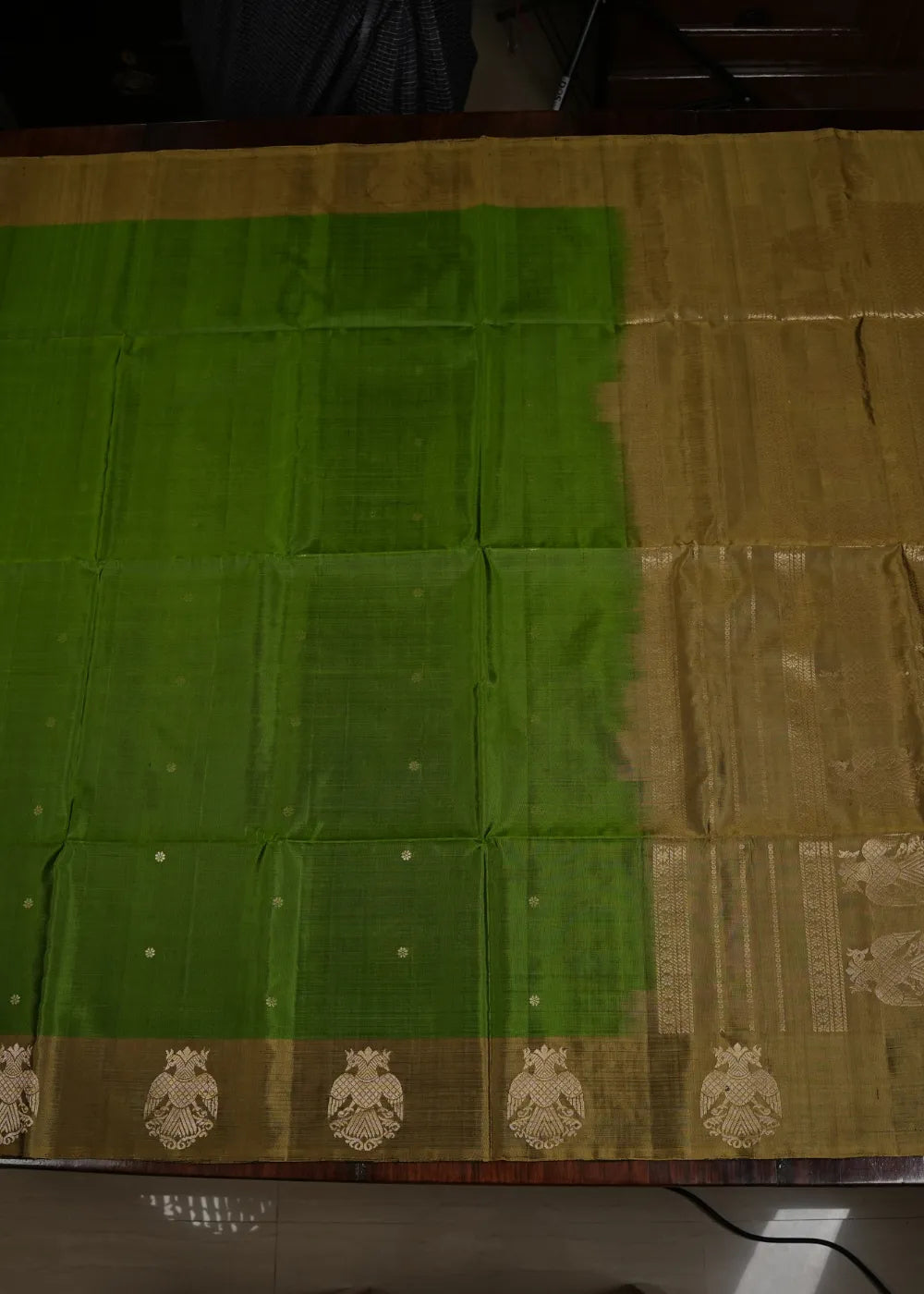 Olive Green Soft Silk Saree with Gandaberundam Border