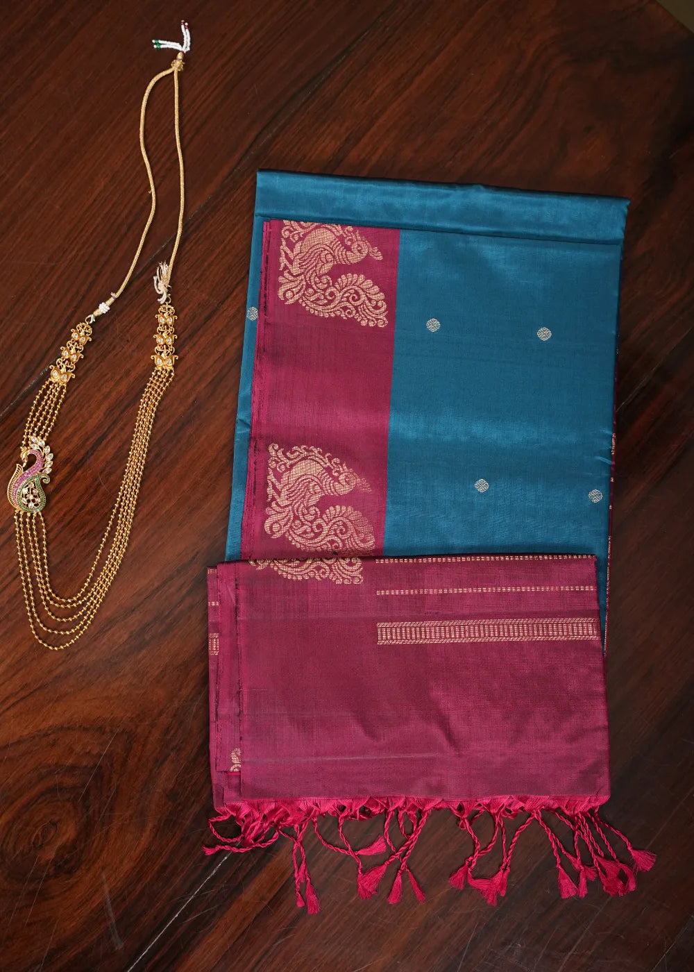 Blue Soft Silk Saree with Pink Swan Border