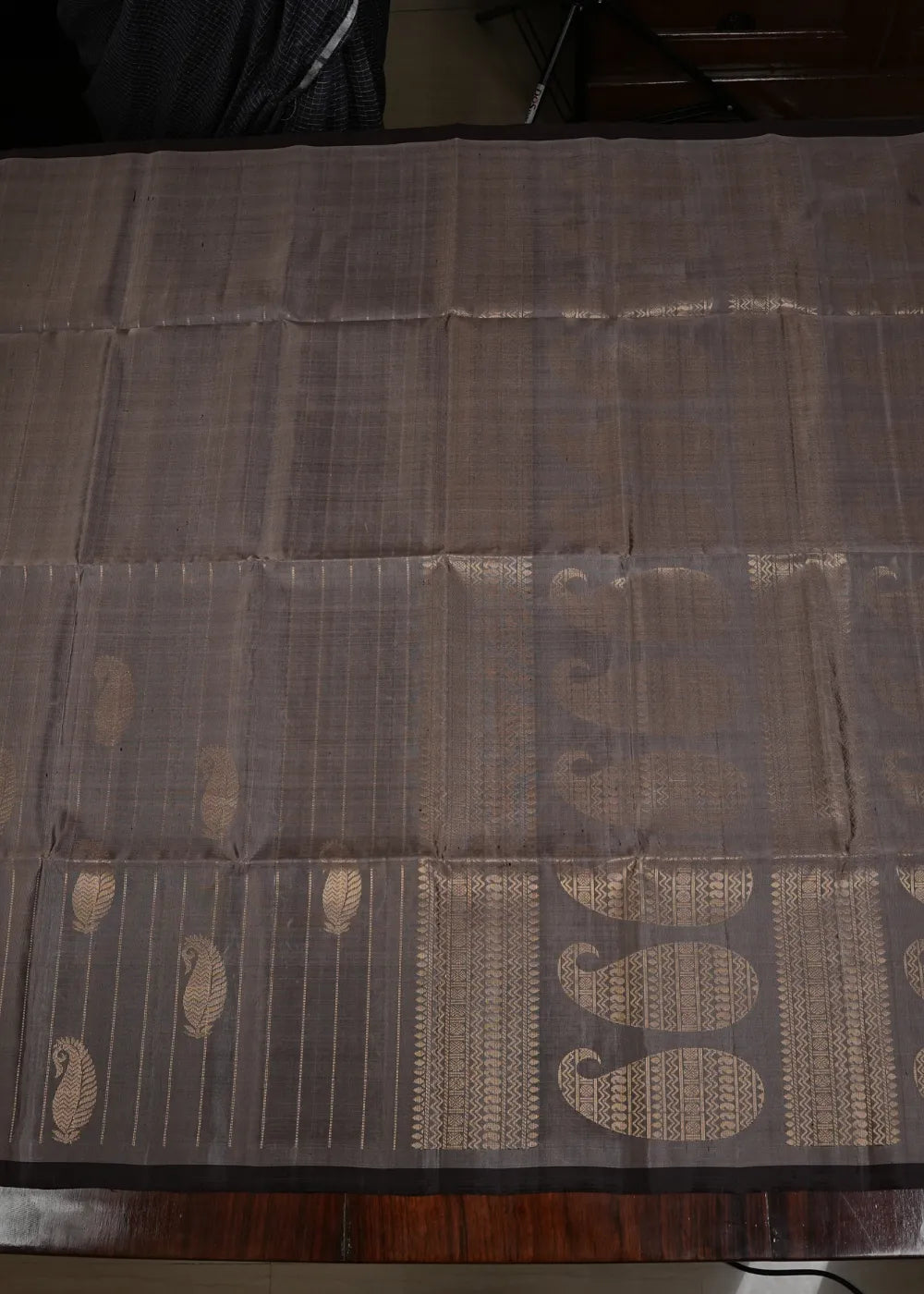Silver Grey Soft Silk Saree with Coffee Band