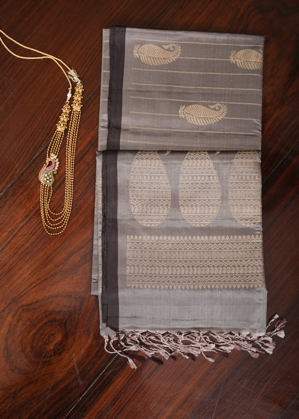 Silver Grey Soft Silk Saree with Coffee Band