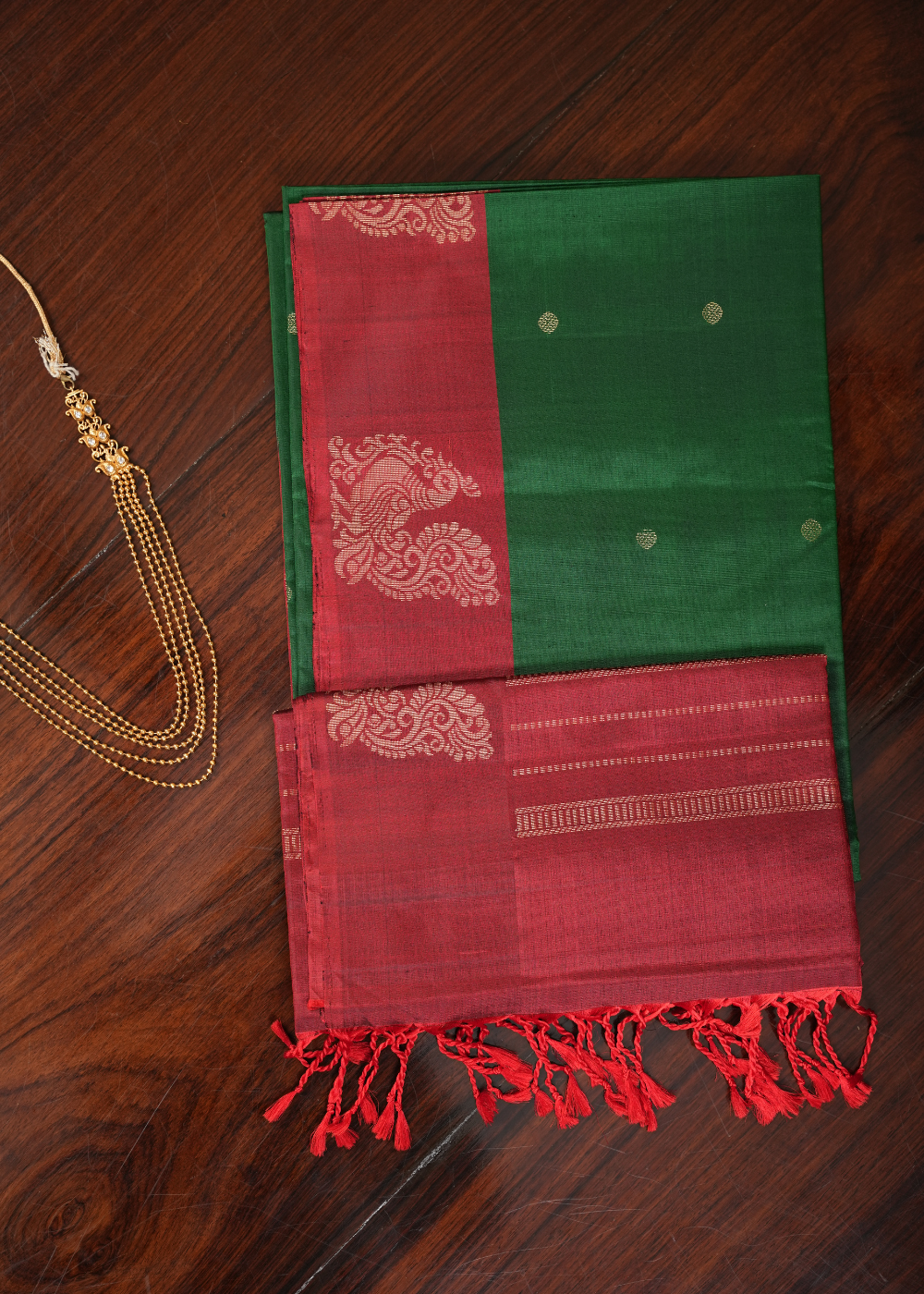 Green Soft Silk Saree with Red Swan Border