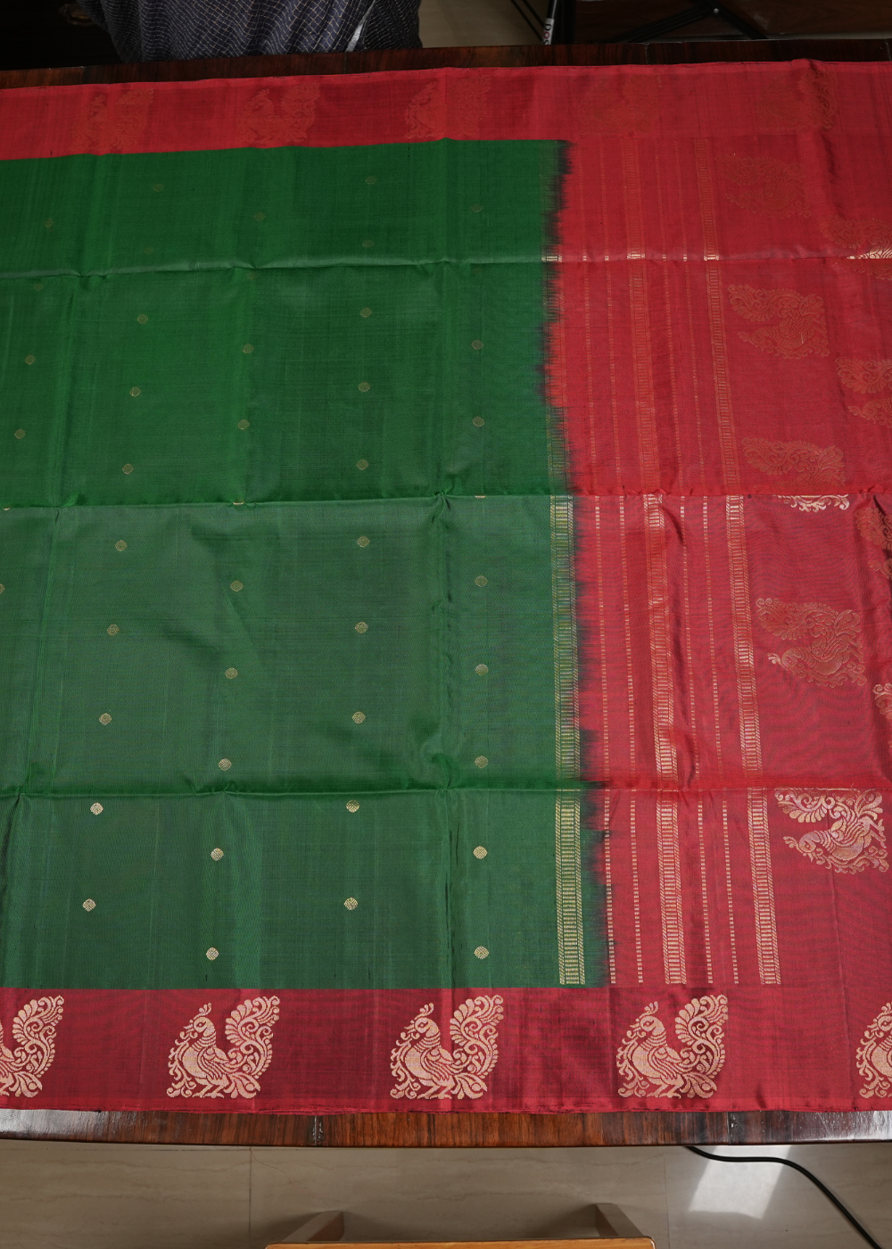 Green Soft Silk Saree with Red Swan Border