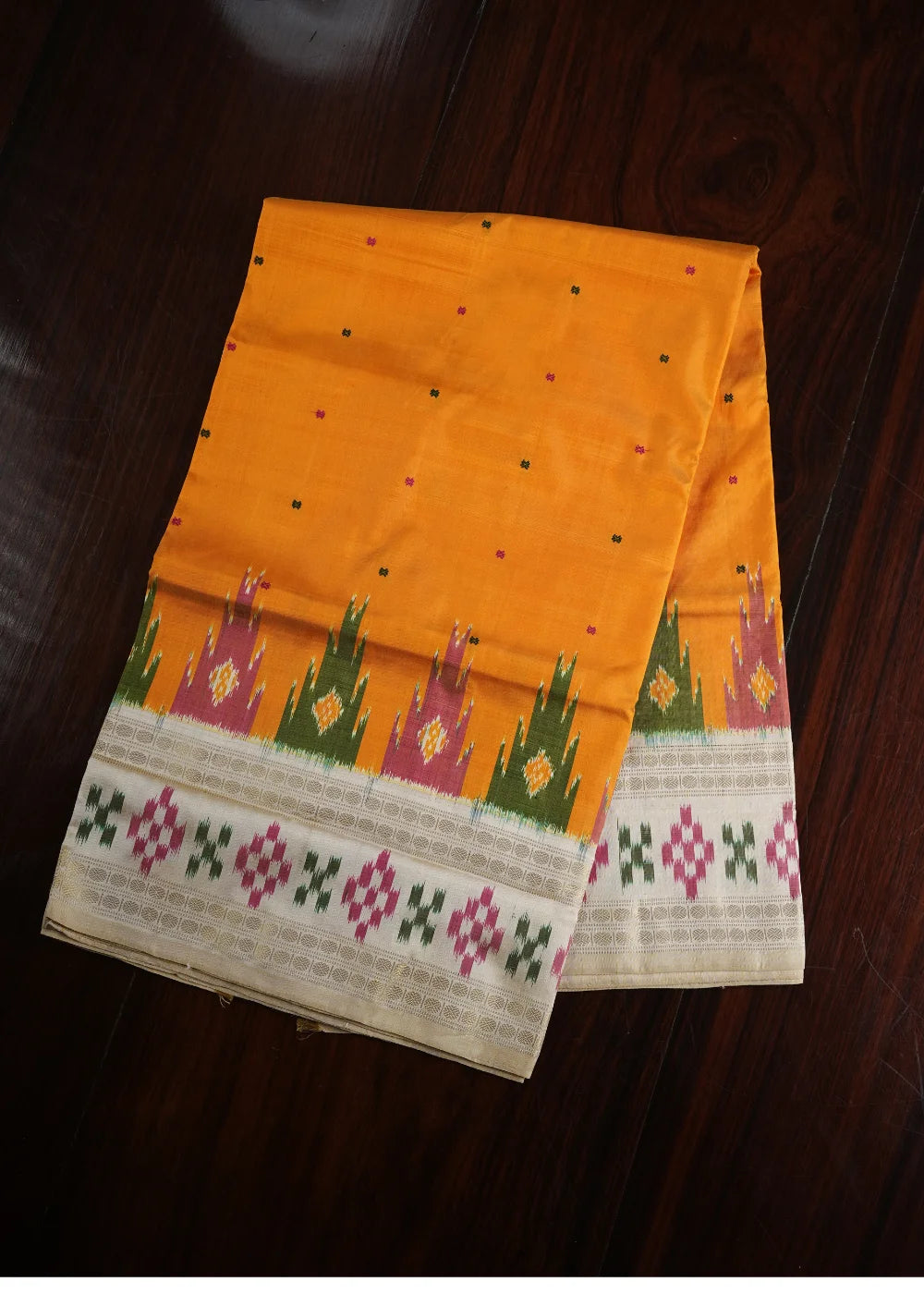 Saffron Ikkat Silk Saree with Beige Tones