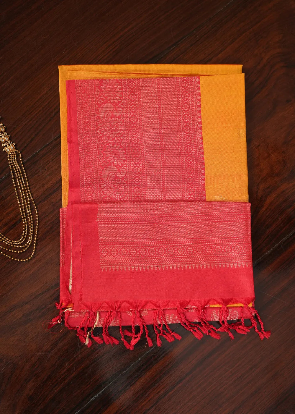 Mustard Soft Silk Saree with Red Banaras Border