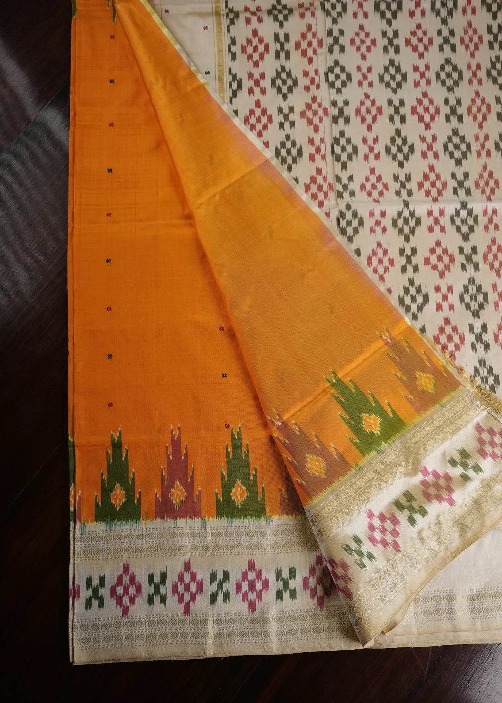 Saffron Ikkat Silk Saree with Beige Tones