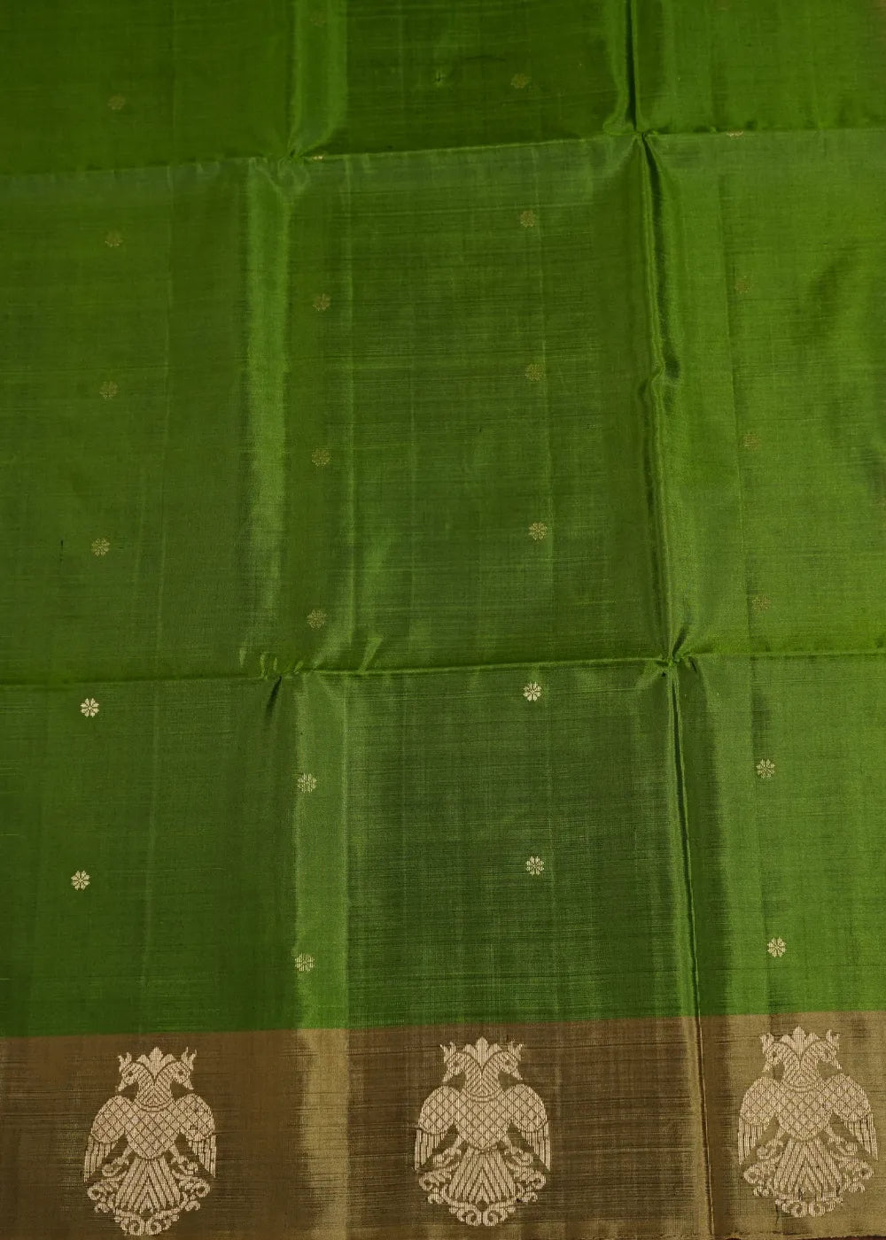 Olive Green Soft Silk Saree with Gandaberundam Border
