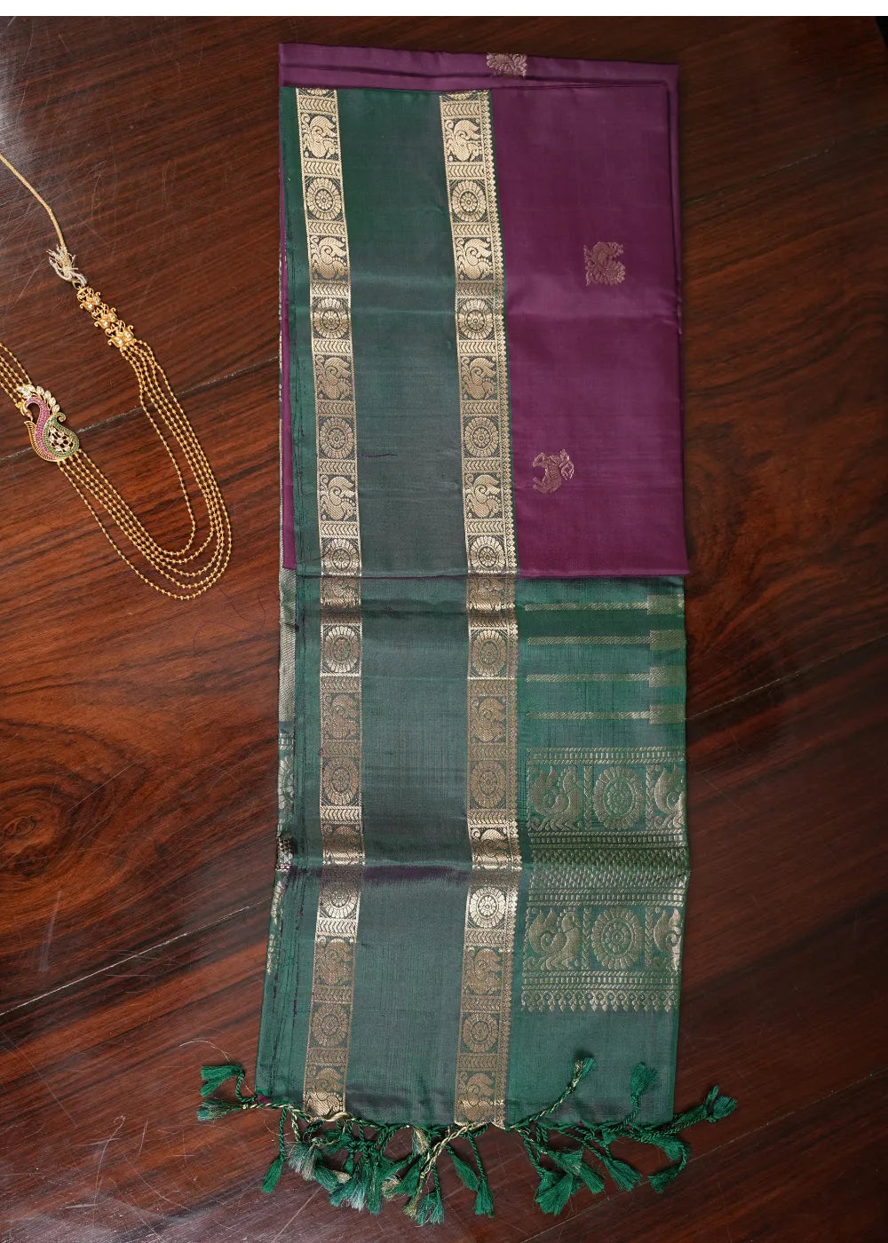 Burgundy with Green Border Soft Silk Saree