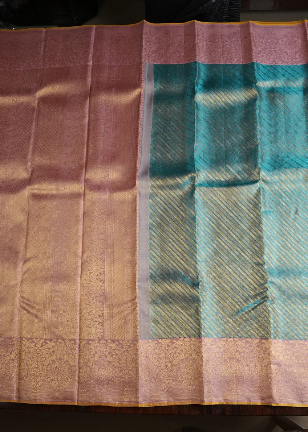 Turquoise Silk Saree with Pink Border