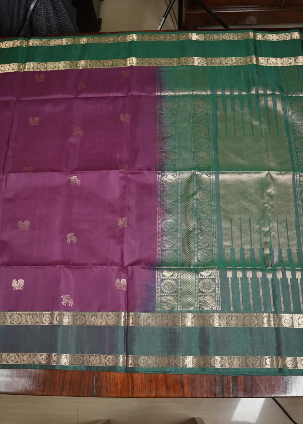 Burgundy with Green Border Soft Silk Saree