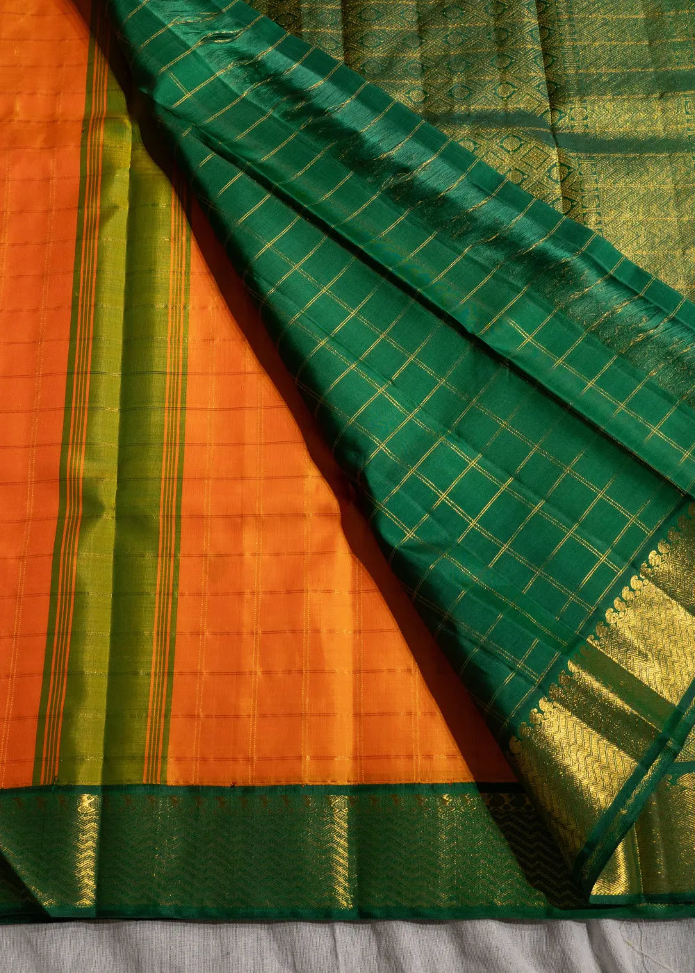 Orange Korvai Silk Saree with Green Border