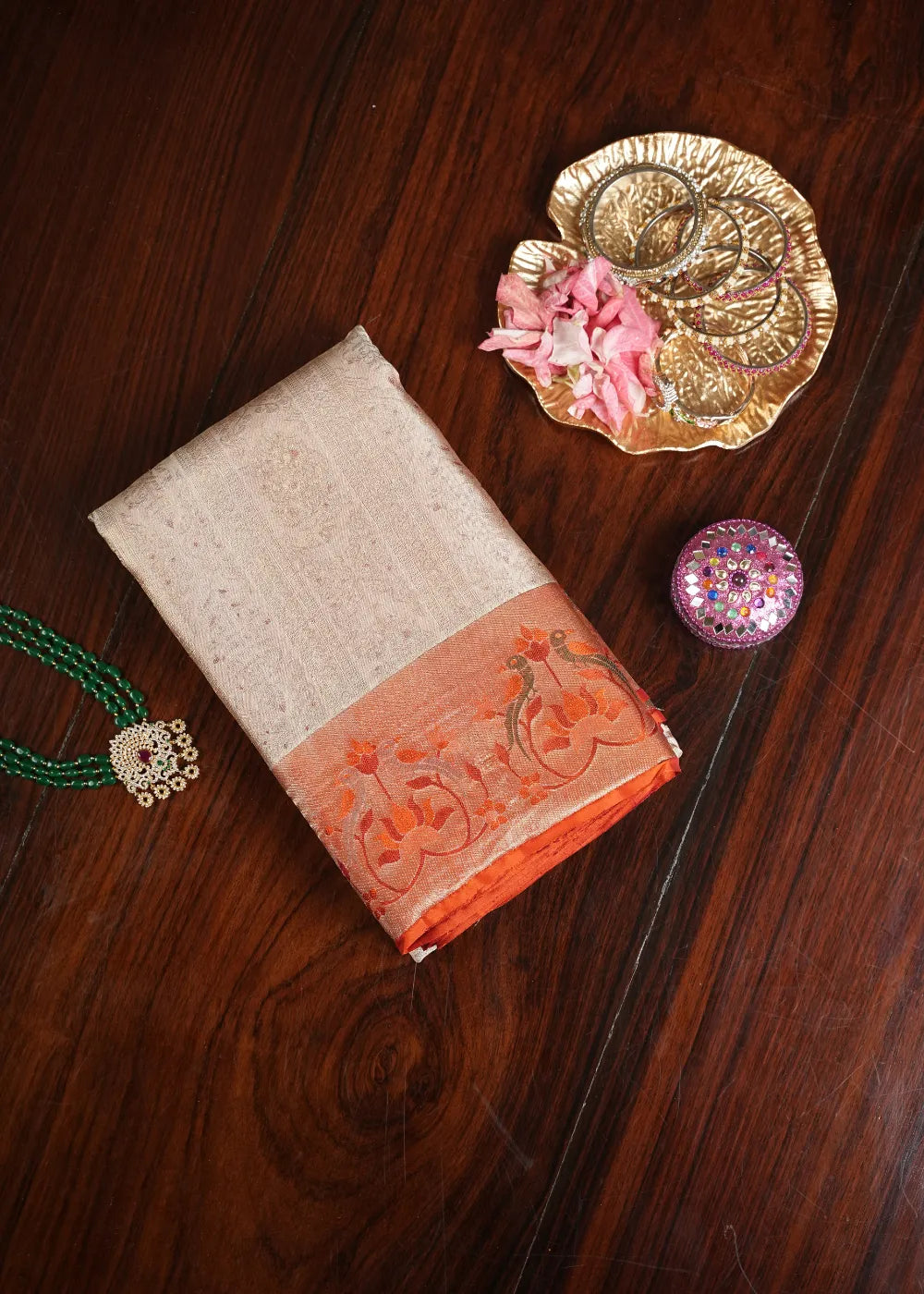 Off White Silk Saree with Orange Border