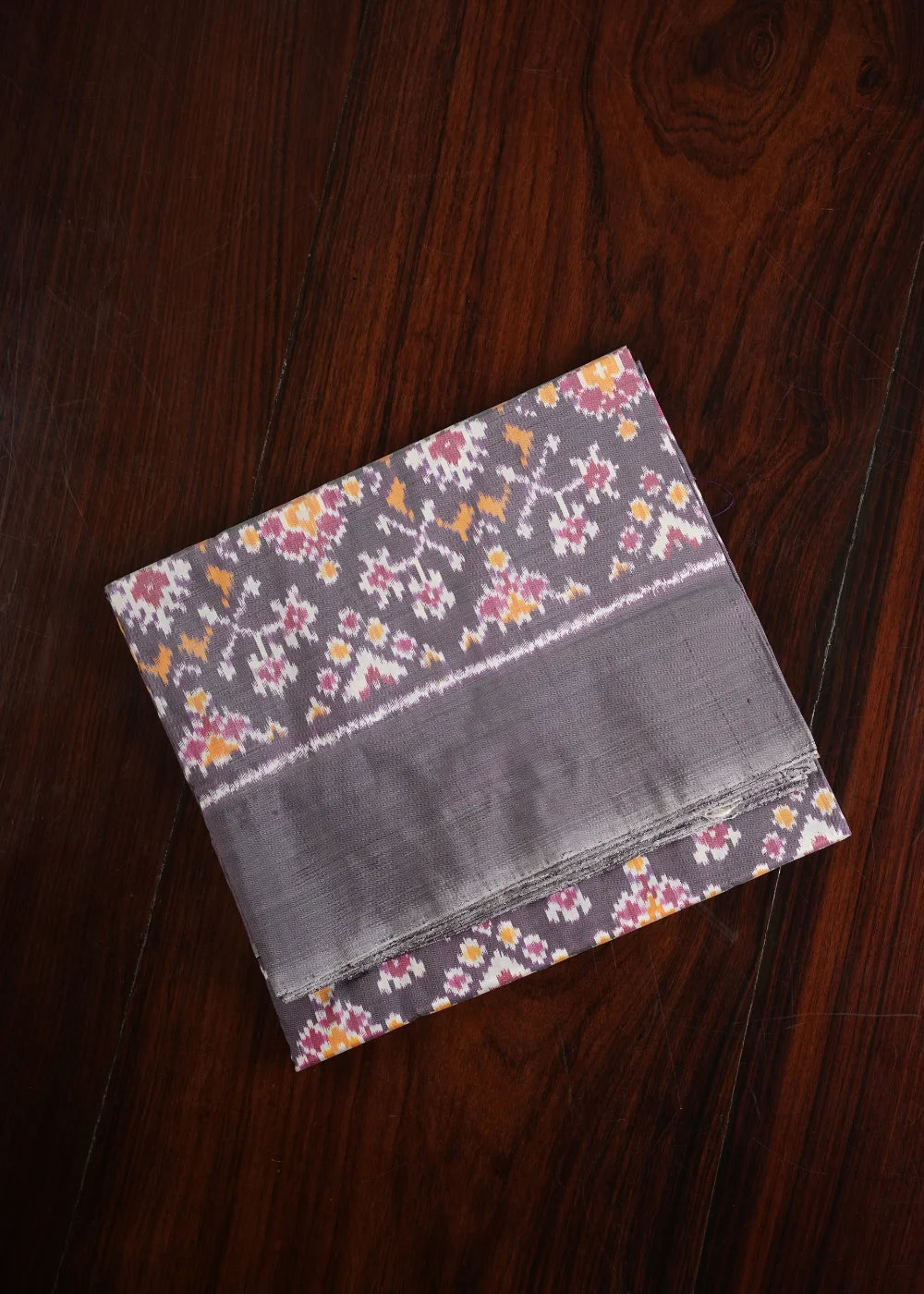 Off White Ikkat Silk Saree with Grey and Red Pattern