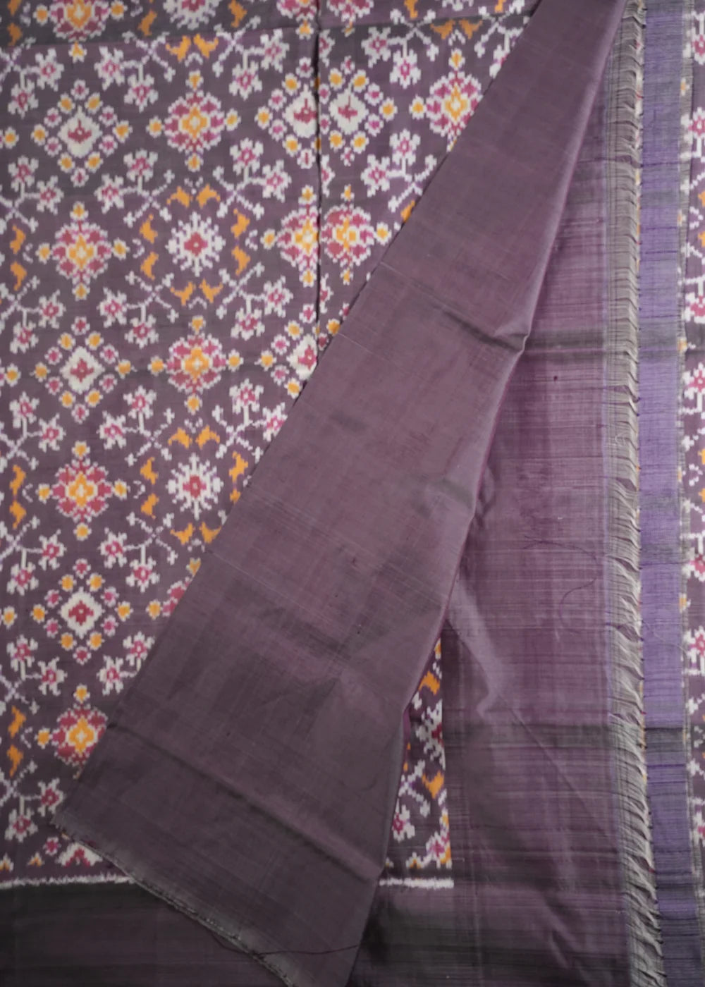 Off White Ikkat Silk Saree with Grey and Red Pattern