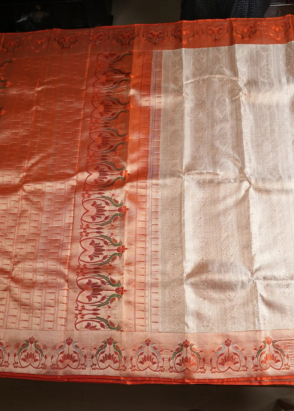 Off White Silk Saree with Orange Border