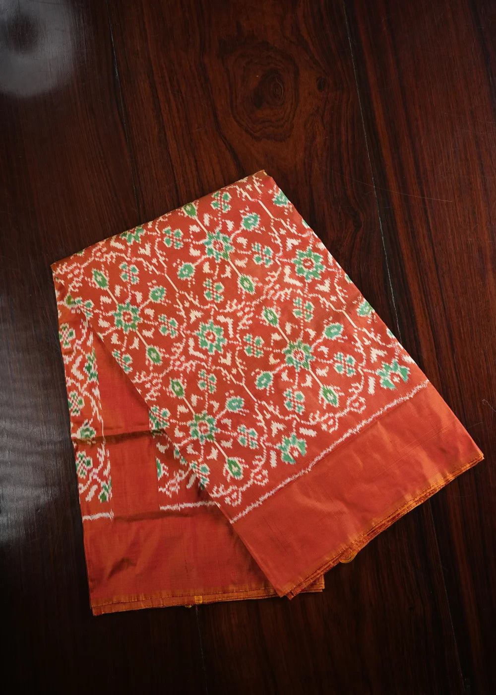 Dark Green Ikkat Silk Saree with Red Accents