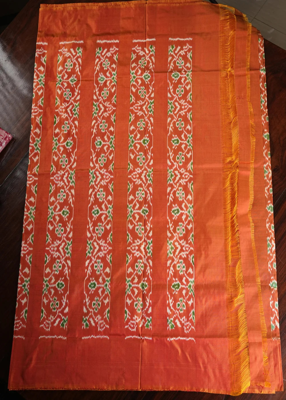 Dark Green Ikkat Silk Saree with Red Accents