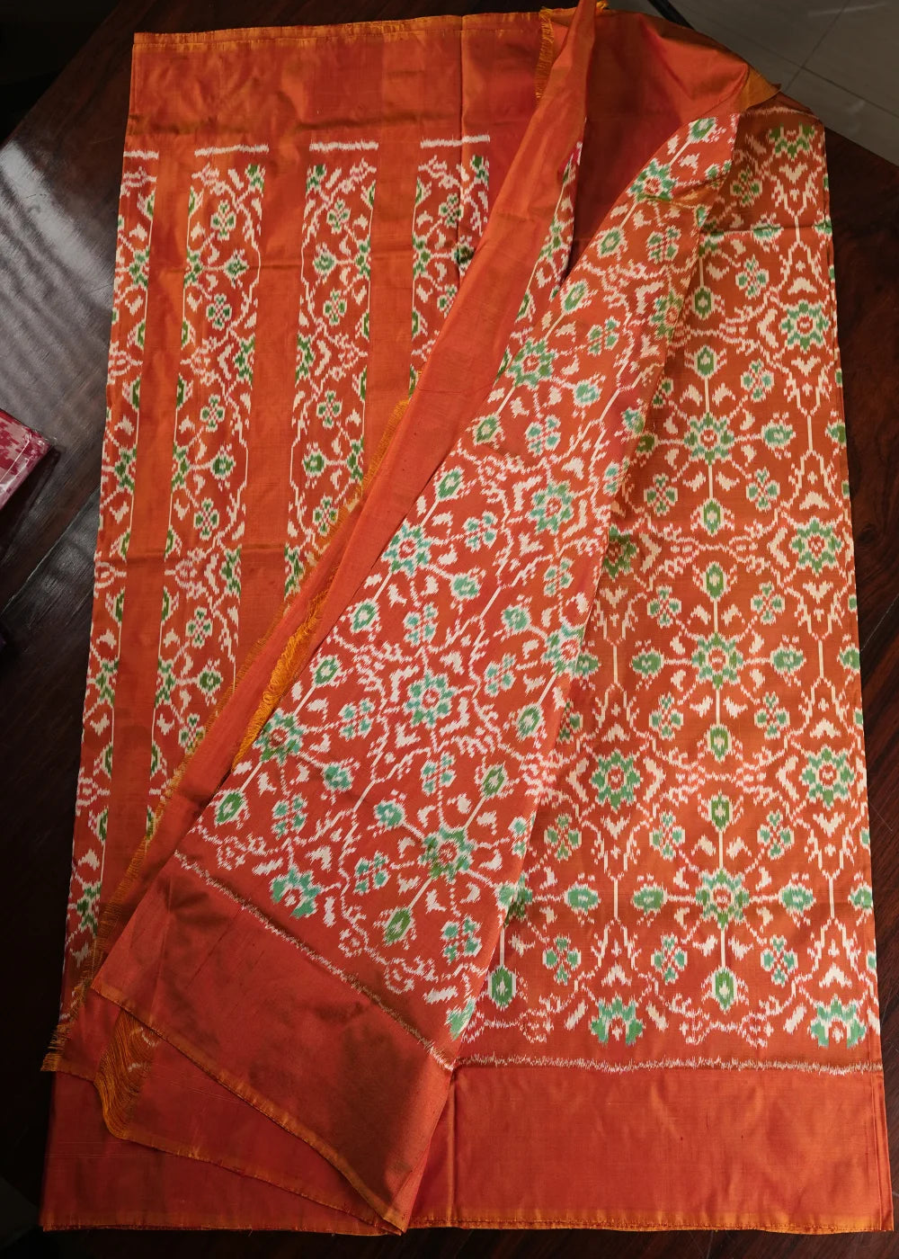 Dark Green Ikkat Silk Saree with Red Accents