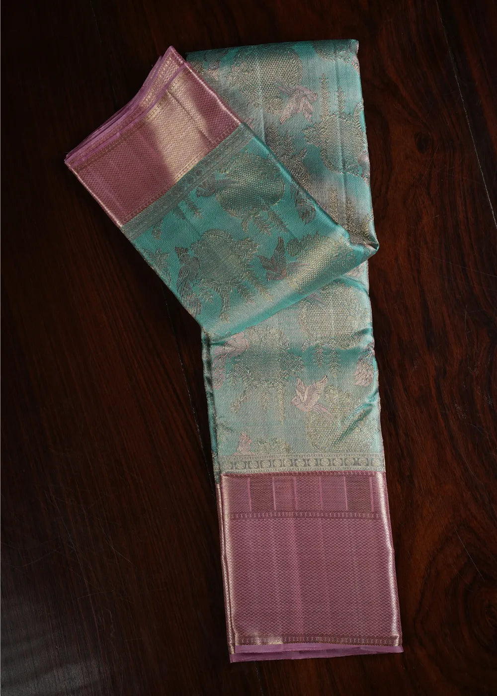Sea Blue Silk Saree with Pink Border