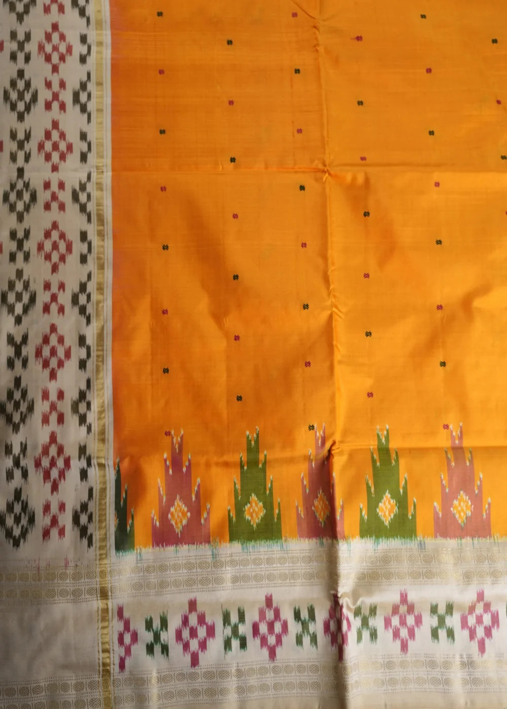 Saffron Ikkat Silk Saree with Beige Tones