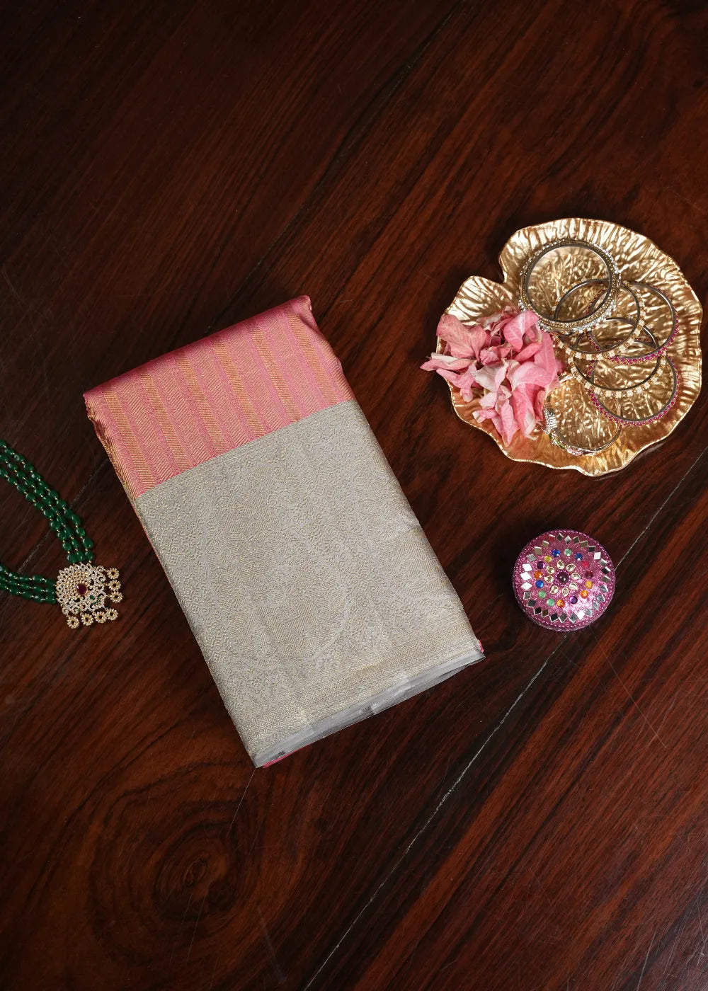 Baby Pink Silk Saree with Grey Border