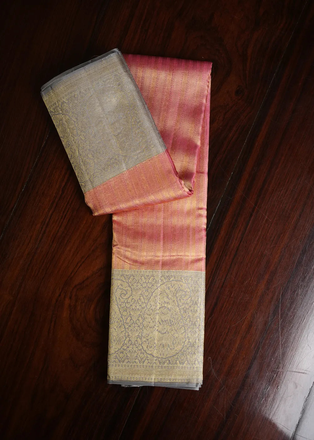 Baby Pink Silk Saree with Grey Border