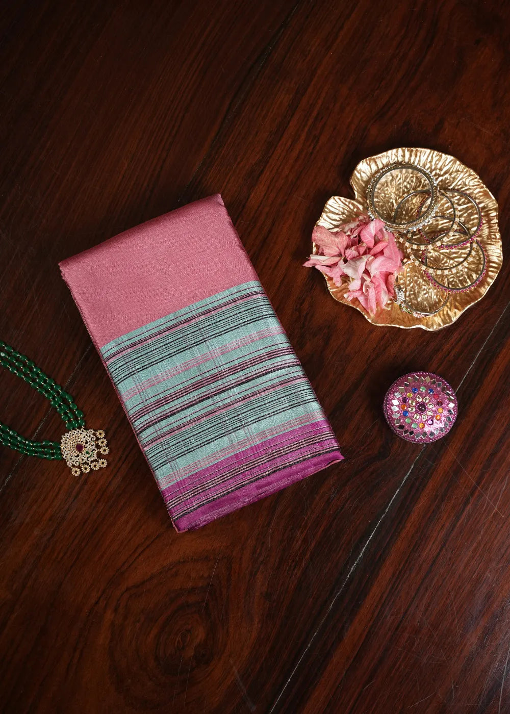 Pink Silk Saree with Blue Checks