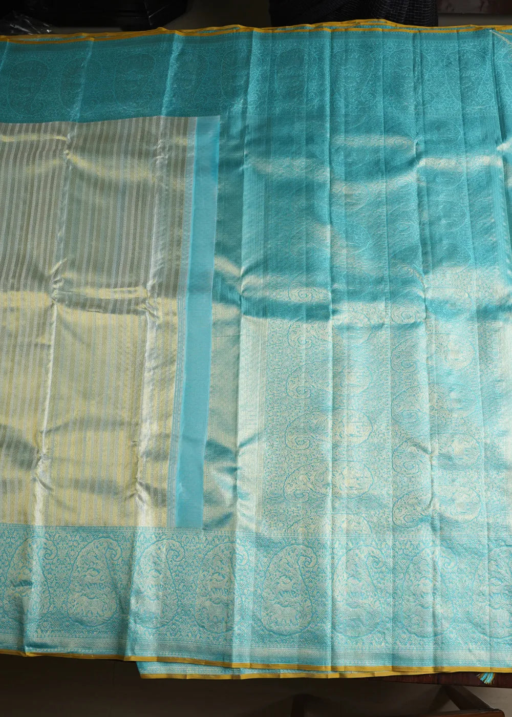 Sky Blue Striped Kanchipuram Silk Saree