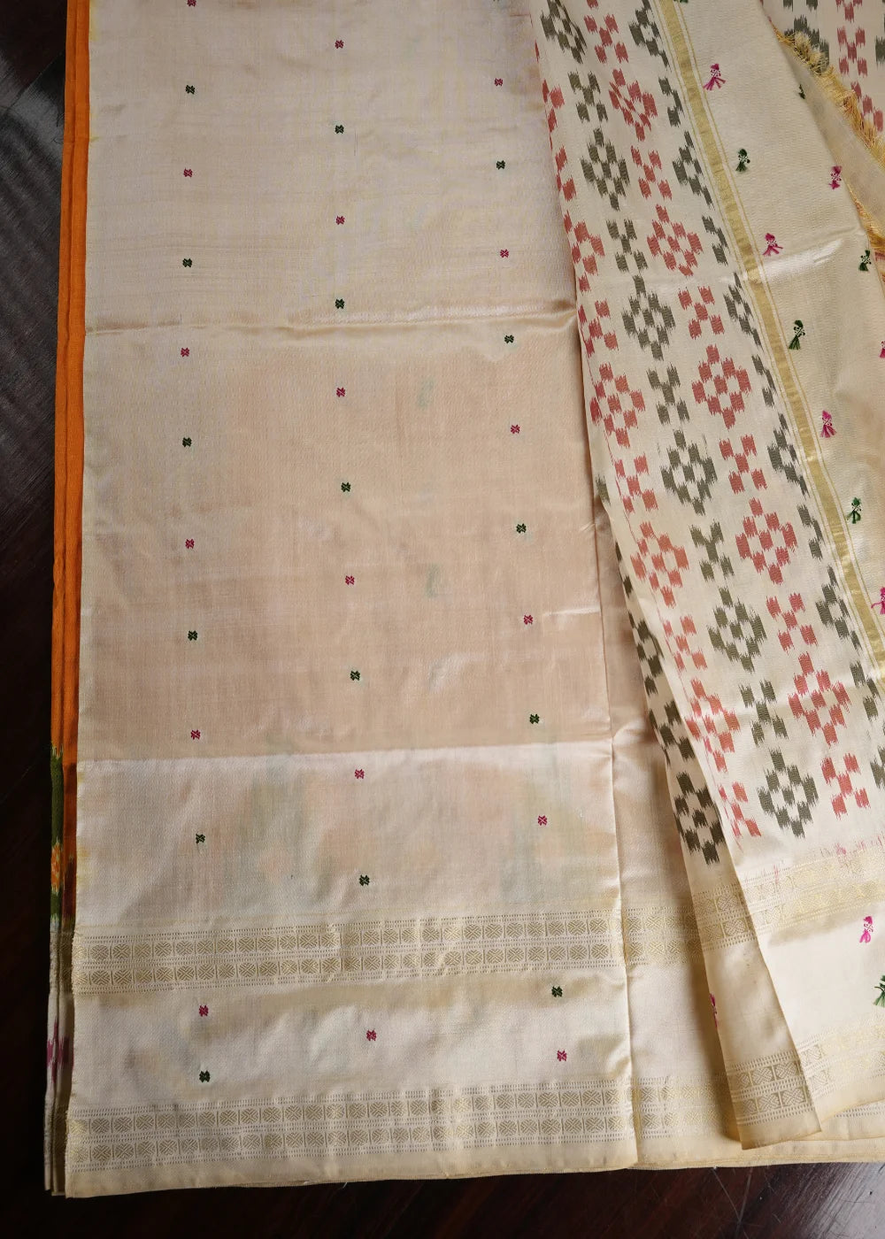Saffron Ikkat Silk Saree with Beige Tones