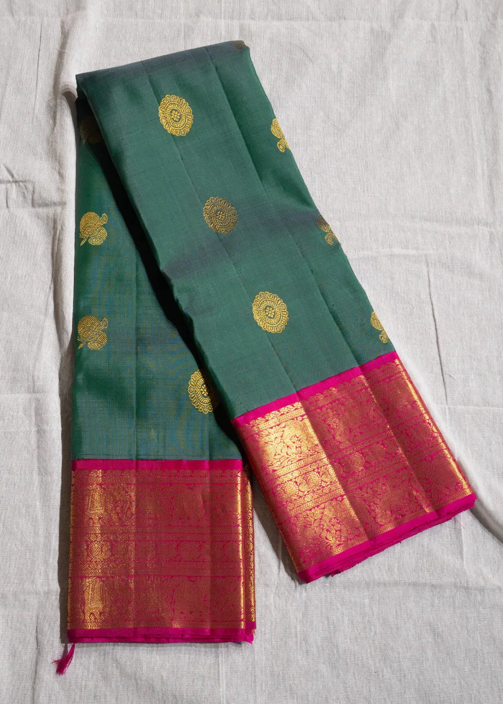 Mango Green Korvai Silk Saree with Pink Border