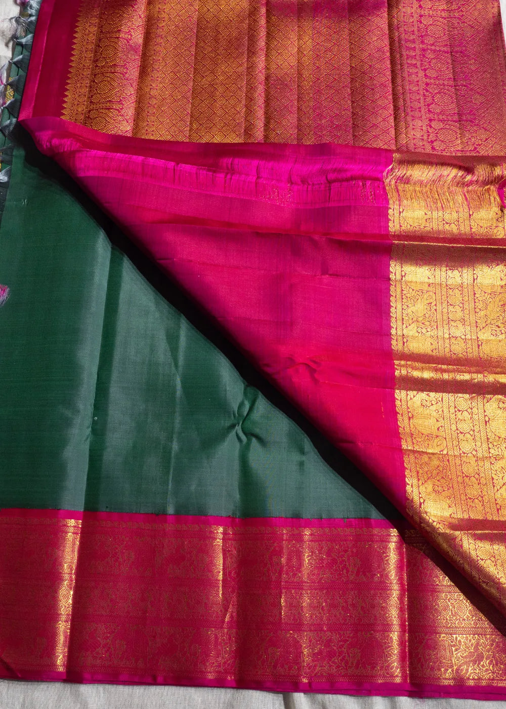Mango Green Korvai Silk Saree with Pink Border