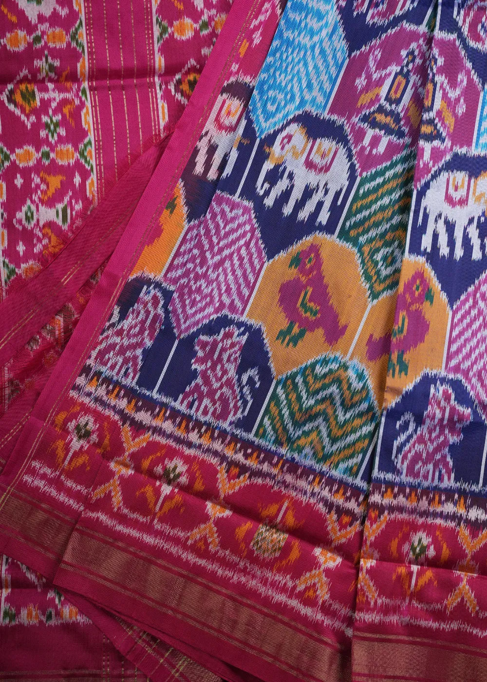Magenta Ikkat Silk Saree with Multicolor Patterns