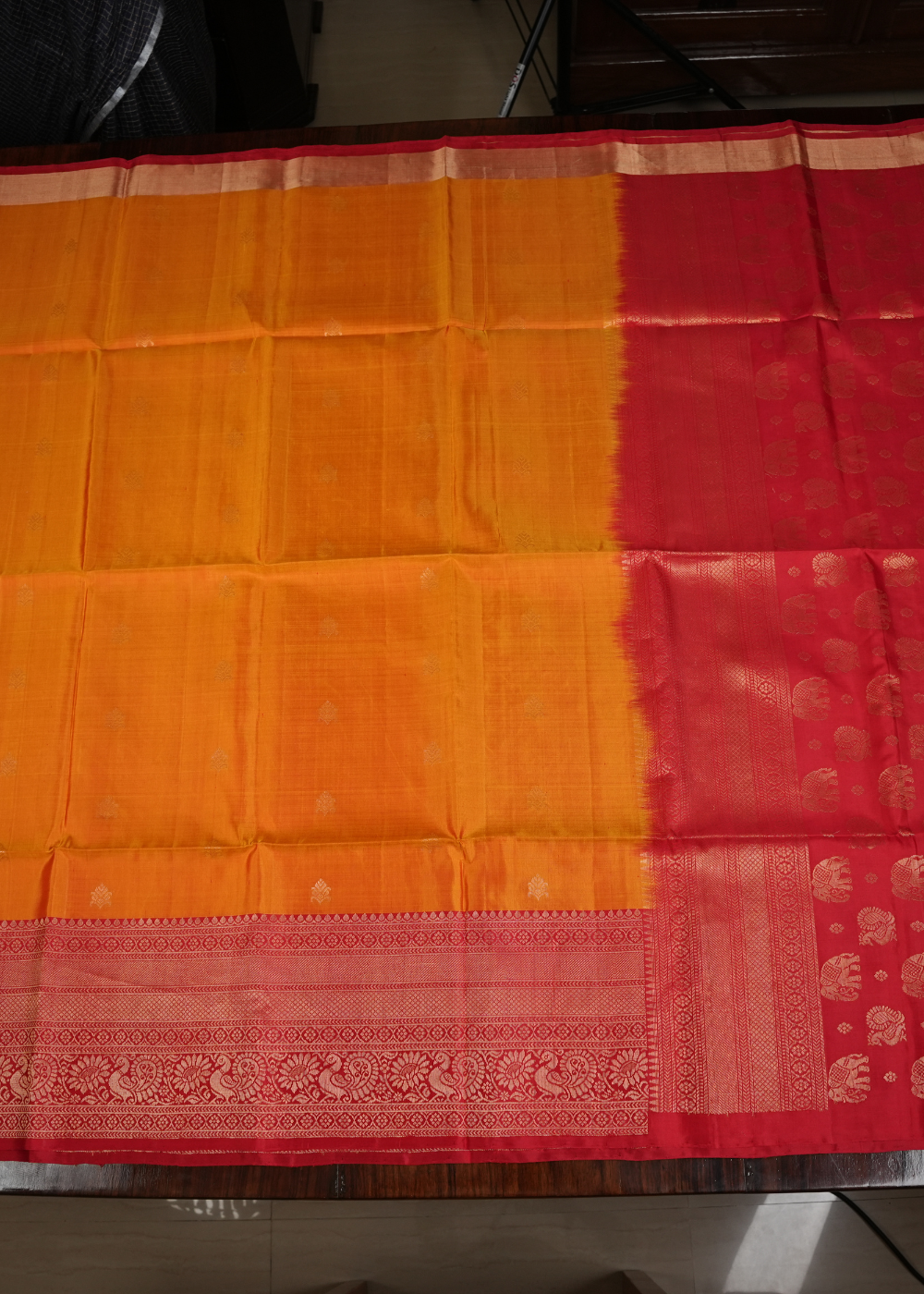 Mustard Soft Silk Saree with Red Banaras Border