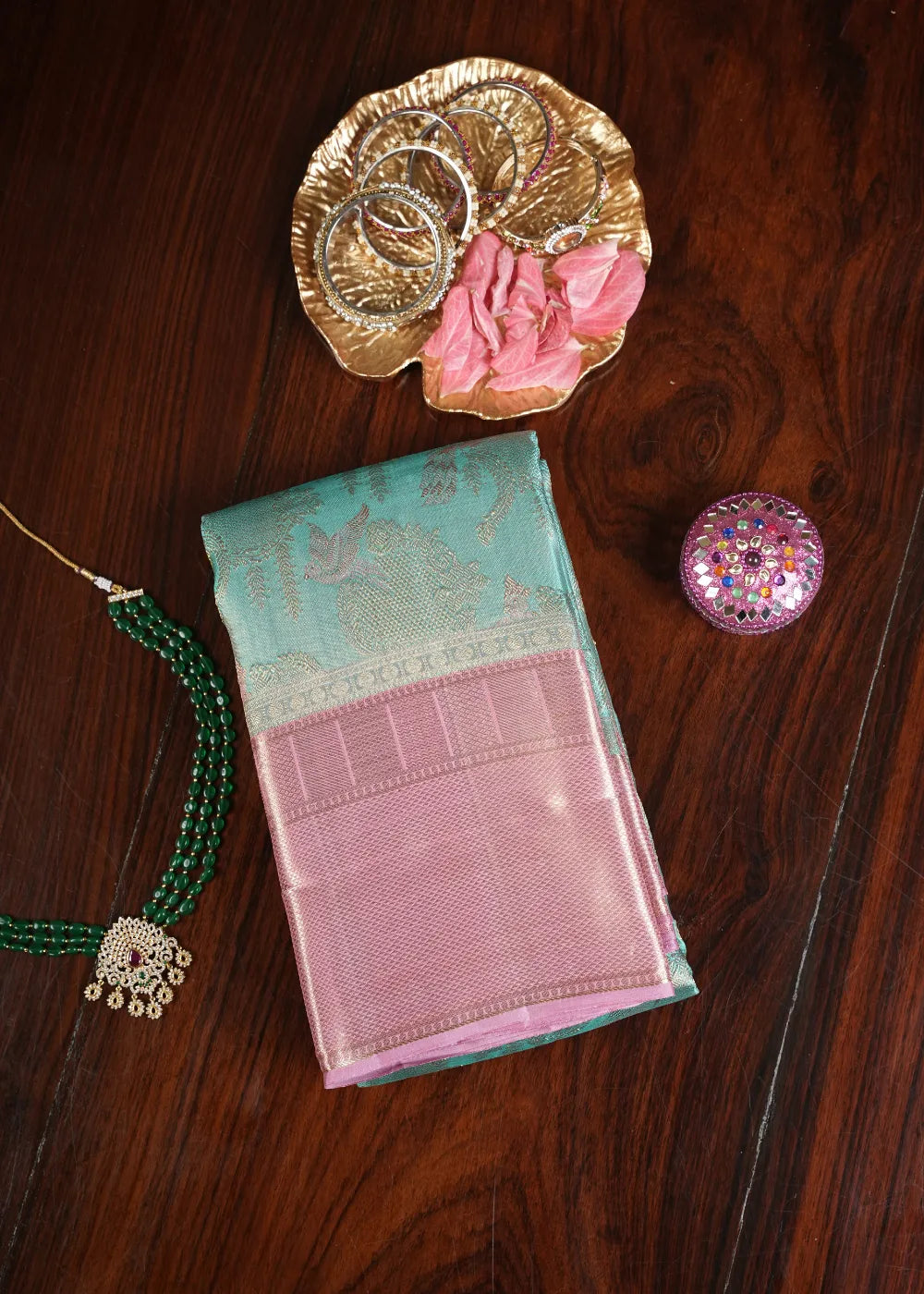Sea Blue Silk Saree with Pink Border