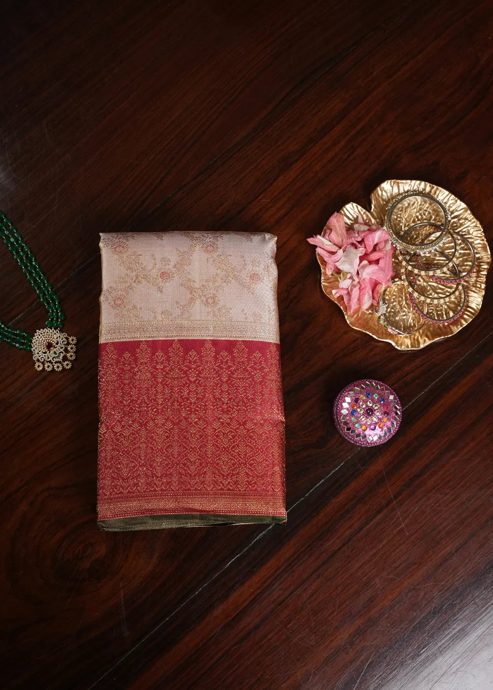 Cream Silk Saree with Red Border