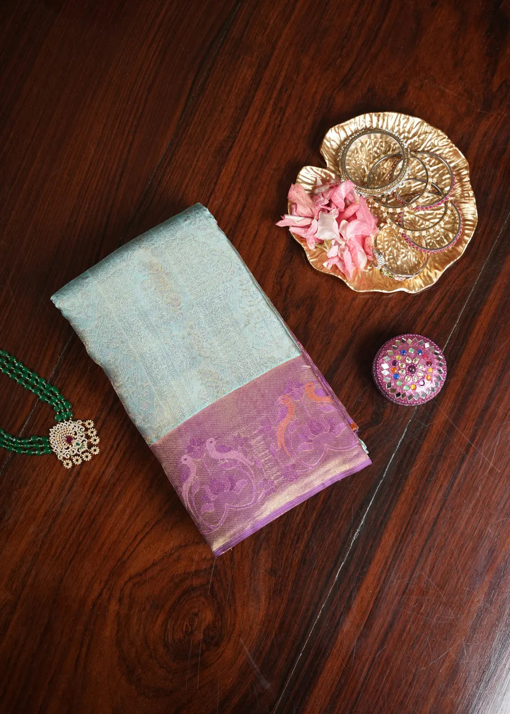 Sky Blue Silk Saree with Deep Pink Border