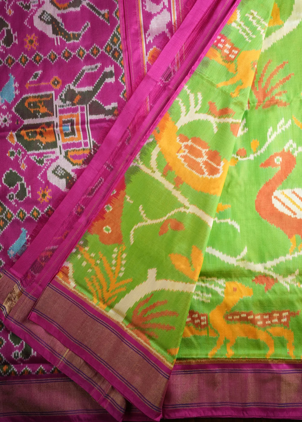 Parrot Green Ikkat Silk Saree with Pink Border