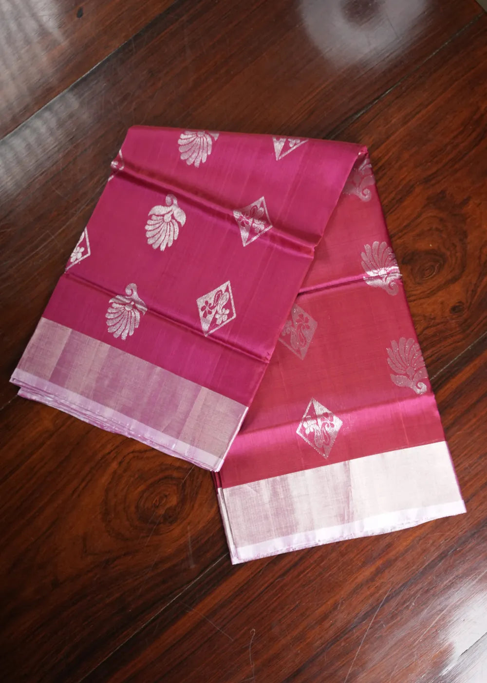 Pink Uppada Silk Saree with Silver Bhutta and Khaddi Border