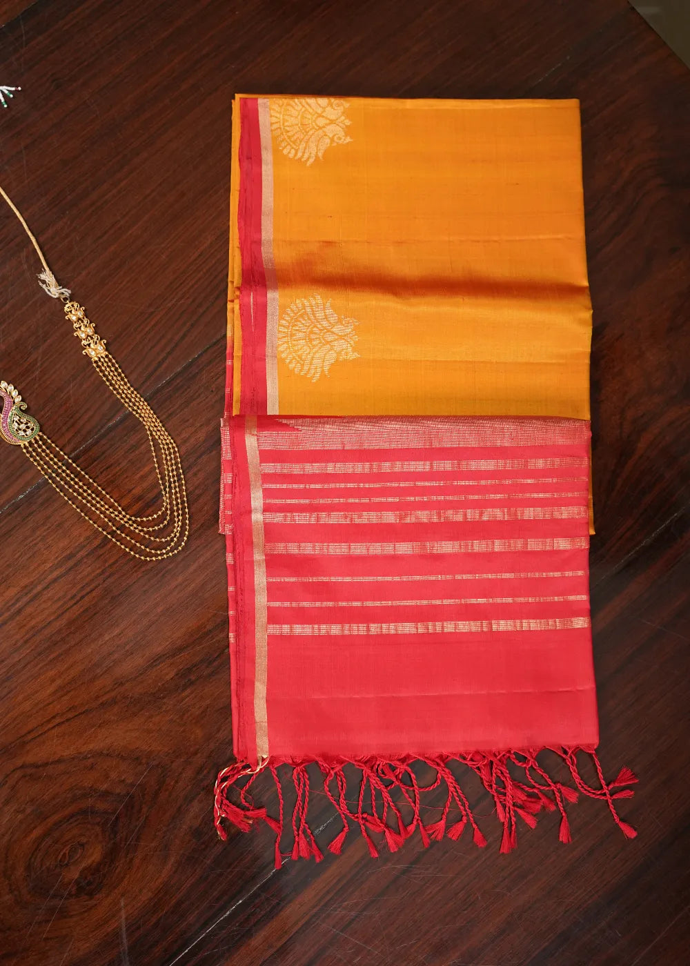 Mustard Yellow Soft Silk Saree with Red Band