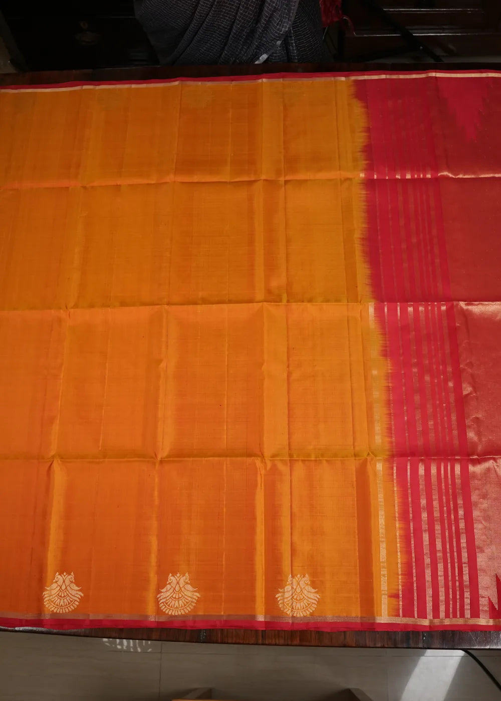 Mustard Yellow Soft Silk Saree with Red Band
