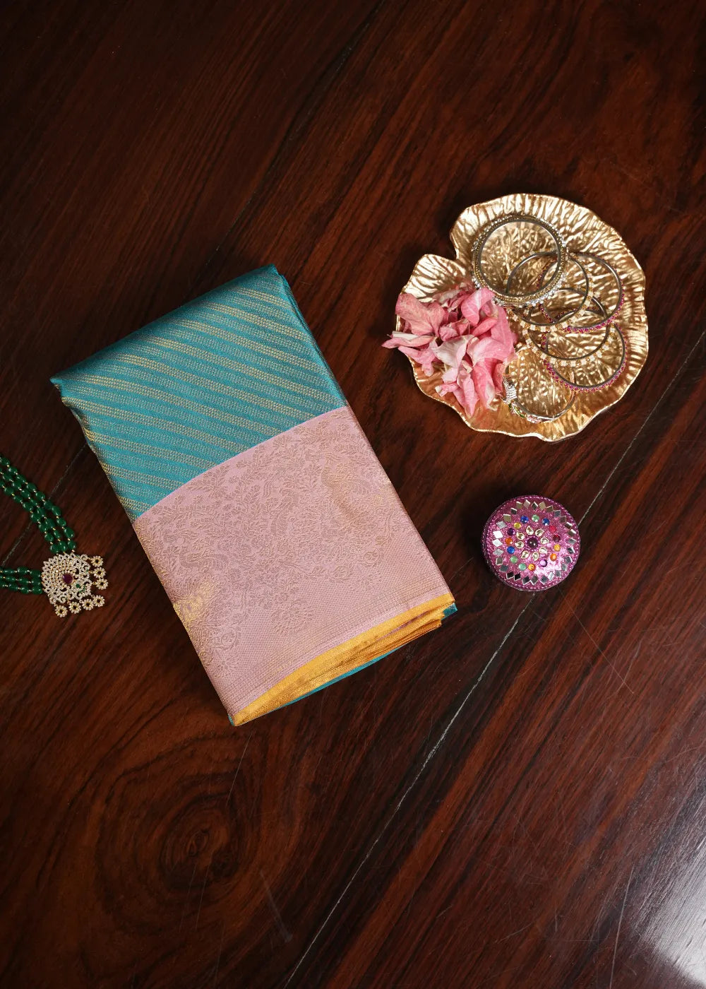 Turquoise Silk Saree with Pink Border