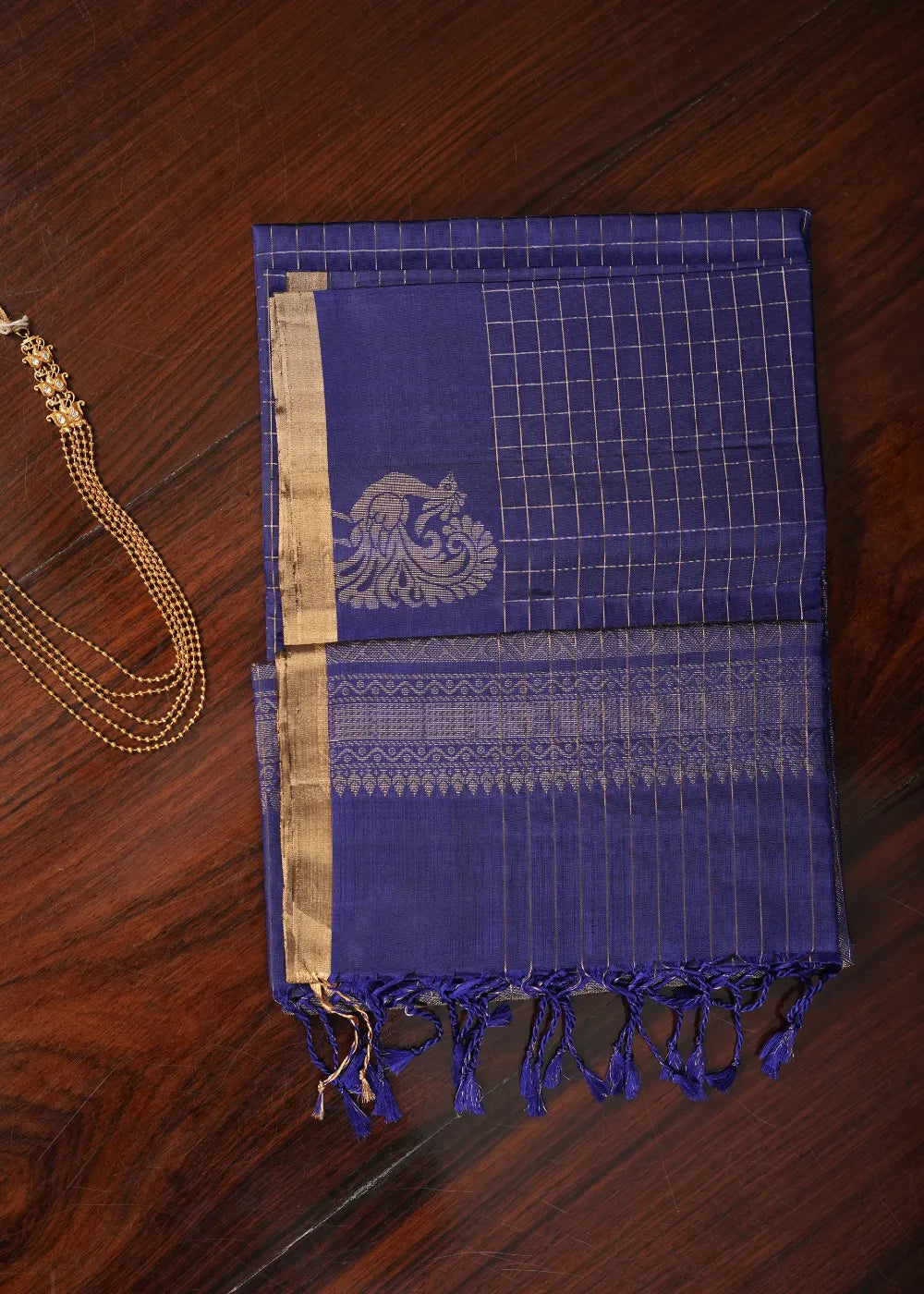MS Blue Checked Soft Silk Saree with Golden Border