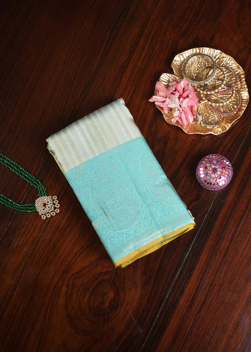 Sky Blue Striped Kanchipuram Silk Saree